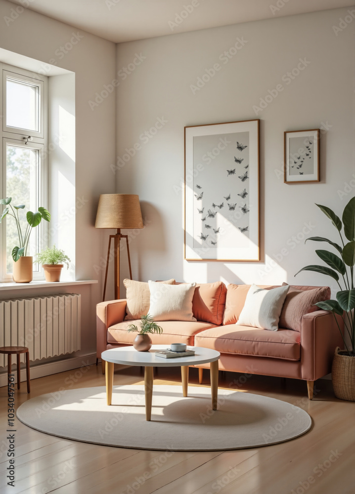Sun shining through window in cozy living room with pink sofa Sun shining through window in cozy living room with pink sofa