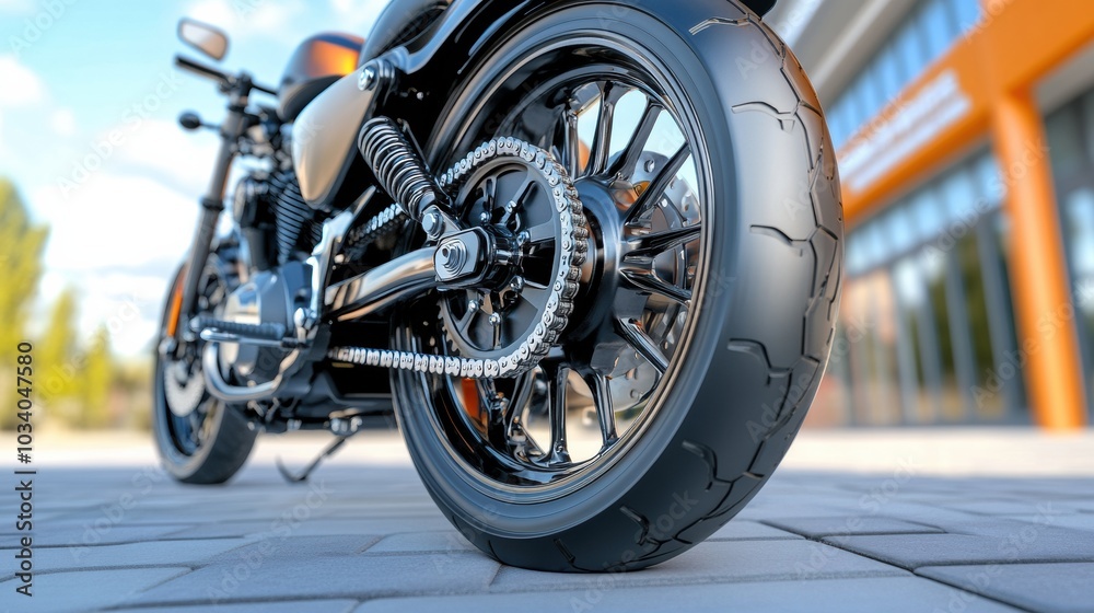 Closeup of Powerful Motorcycle Tire on Asphalt Street in Urban Setting Closeup of Powerful Motorcycle Tire on Asphalt Street in Urban Setting