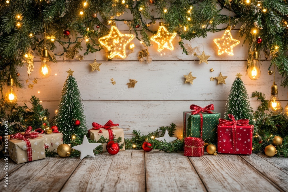 Low-angle Christmas backdrop with stars, presents, golden lights, and boho-draped green trees against a white wooden wall, dark vintage style. Low-angle Christmas backdrop with stars, presents, golden lights, and boho-draped green trees against a white wooden wall, dark vintage style.