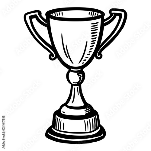 A trophy cup with a handle and a base. The cup is white and has a black rim
