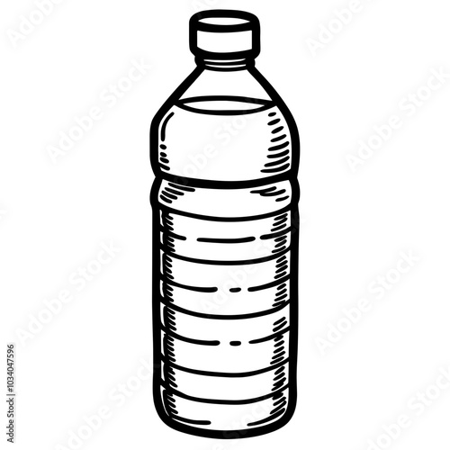 A bottle of water is drawn in black and white. The bottle is empty and has a clear cap. Concept of simplicity and minimalism