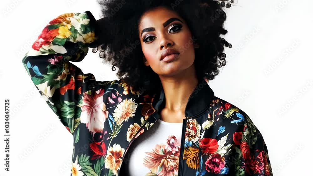 Beautiful woman in a black jacket with a floral print. Female fashion model posing on a white background. Fashionable clothes with flowers print. Beautiful woman in a black jacket with a floral print. Female fashion model posing on a white background. Fashionable clothes with flowers print.