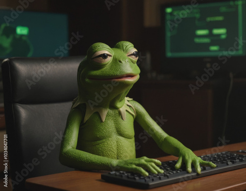 Kermit the Frog working on a computer in a dimly lit office with green screens at night. Generative AI