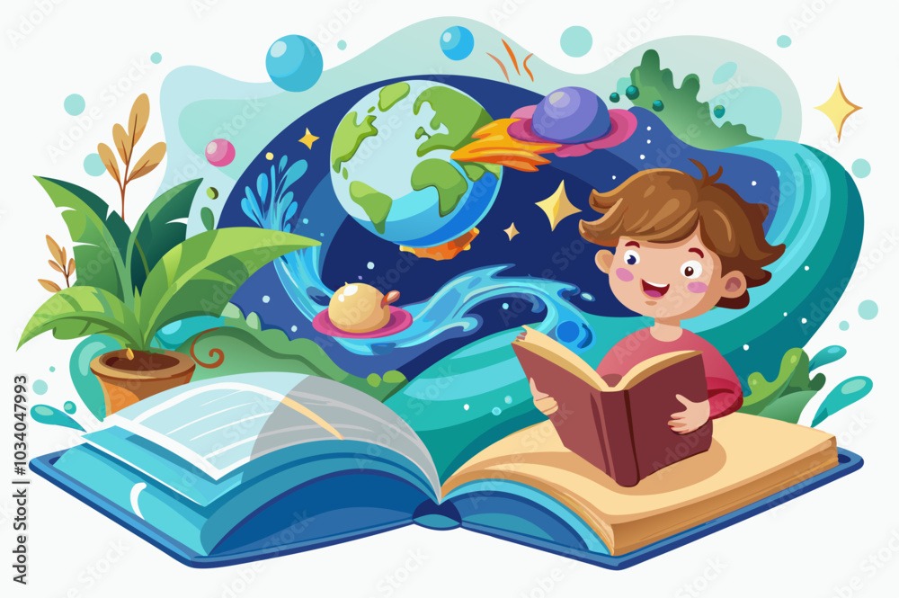open pages with water and earth and a little child. Fantasy, nature or learning