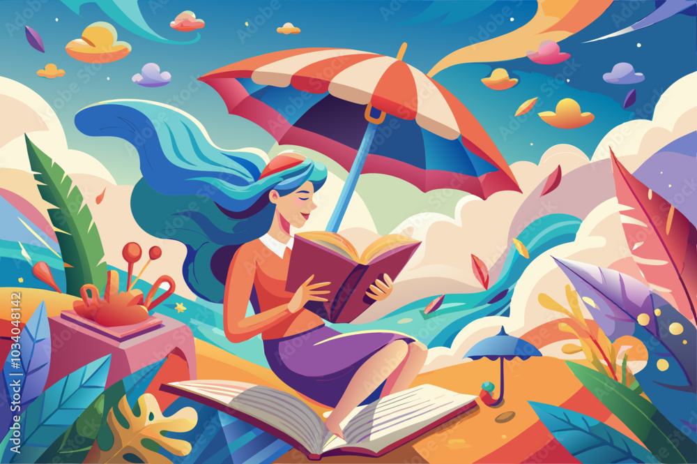 woman reading a book flies on an overturned umbrella