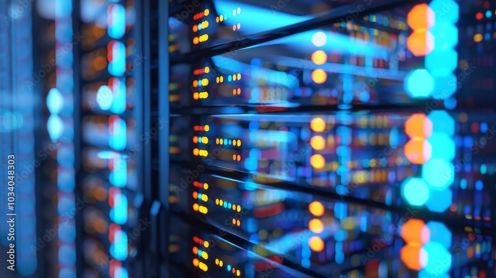 Abstract futuristic server room with glowing lights and data flow. Abstract futuristic server room with glowing lights and data flow.