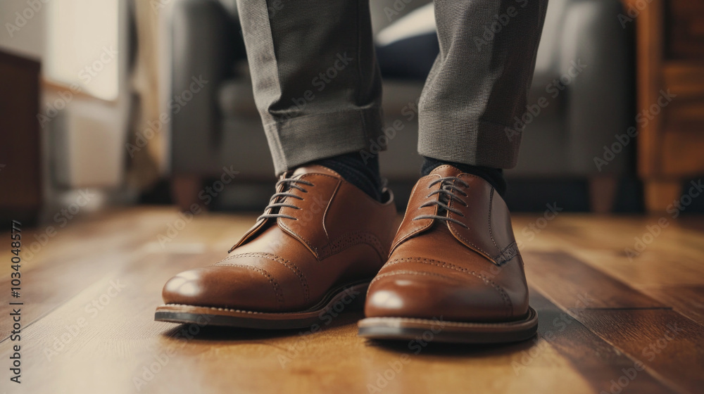 A young professional wearing polished brown dress shoes stands confidently on a wooden floor in a stylish office environment A young professional wearing polished brown dress shoes stands confidently on a wooden floor in a stylish office environment