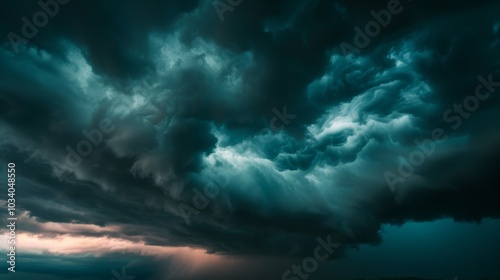 Dramatic stormy sky with dark, swirling clouds.