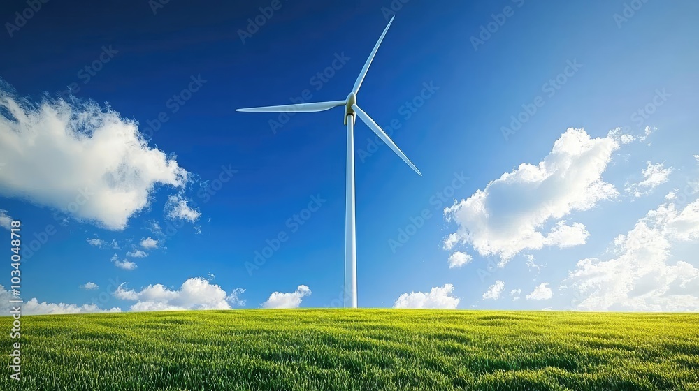 Tall Wind Turbine in Open Field Under Blue Skies Tall Wind Turbine in Open Field Under Blue Skies