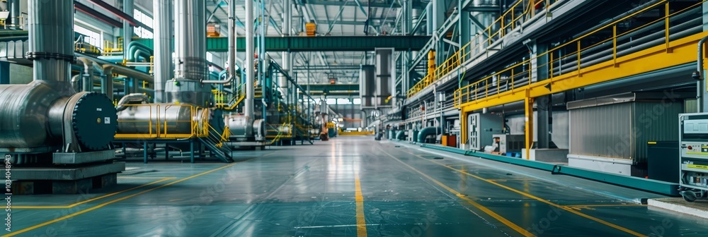Fototapeta premium Industrial factory interior with machinery and pipes.
