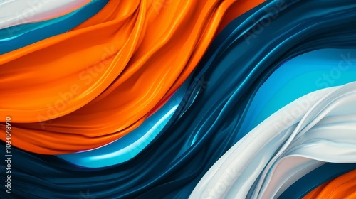 Abstract 3D rendering of flowing orange, blue and white fabric.