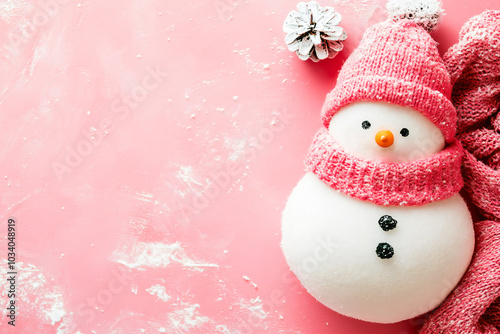 Snowman in pink colors on Christmas card, Merry Christmas and Happy New Year greeting card