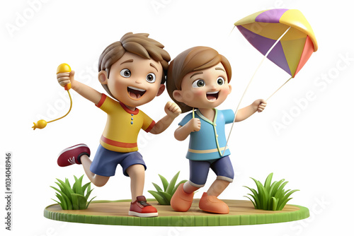 Kids Joyfully Flying Kites in the Backyard: Cheerful Children Showcasing Coordination and Fun in a Beautiful Outdoor Setting with Copy Space in Photo Stock Concept photo