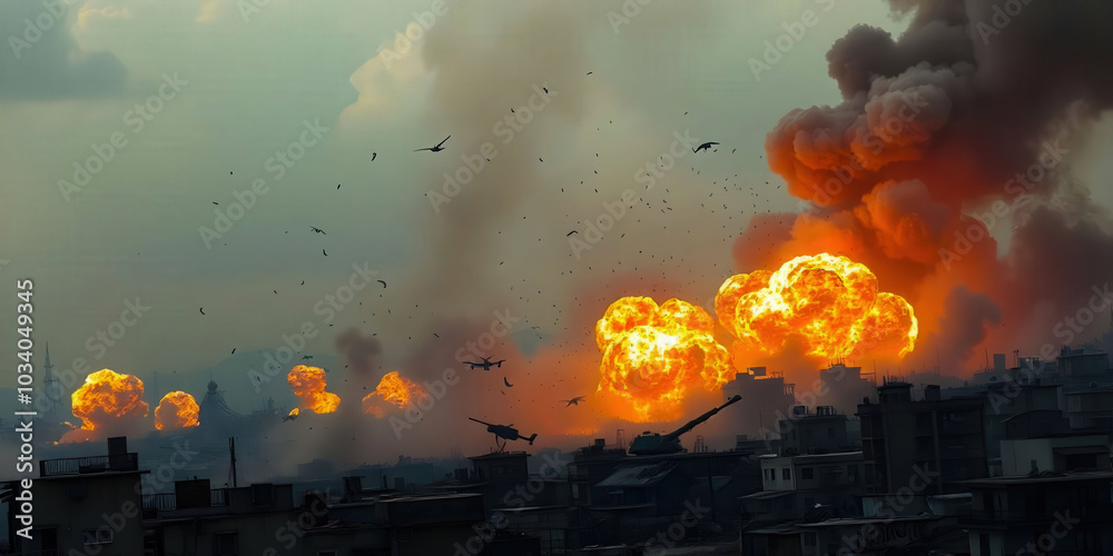 Obraz premium Explosions on a battlefield showing a chaotic scene of fiery blasts and smoke. Ideal for themes of warfare, military action, and intense conflict visuals