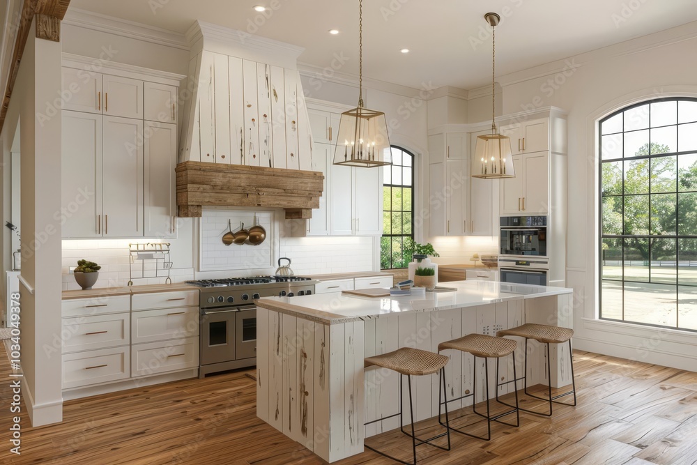 © Shutter2U - Modern farmhouse kitchen with white cabinets, a large island, and wooden beams. © Shutter2U - Modern farmhouse kitchen with white cabinets, a large island, and wooden beams.