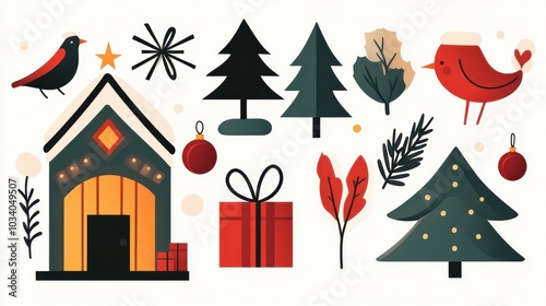 Festive holiday illustrations including Christmas decorations, gifts, and ornaments in a colorful and charming style.