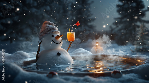 Winter relaxation concept: Snowman enjoying a hot tub with a cocktail on a snowy night at Christmas winter vacation. Image made using Generative AI