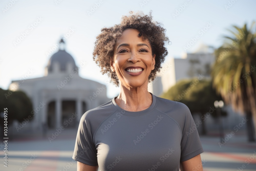 Portrait of a blissful afro-american woman in her 50s showing off a lightweight base layer on modern university campus background Portrait of a blissful afro-american woman in her 50s showing off a lightweight base layer on modern university campus background