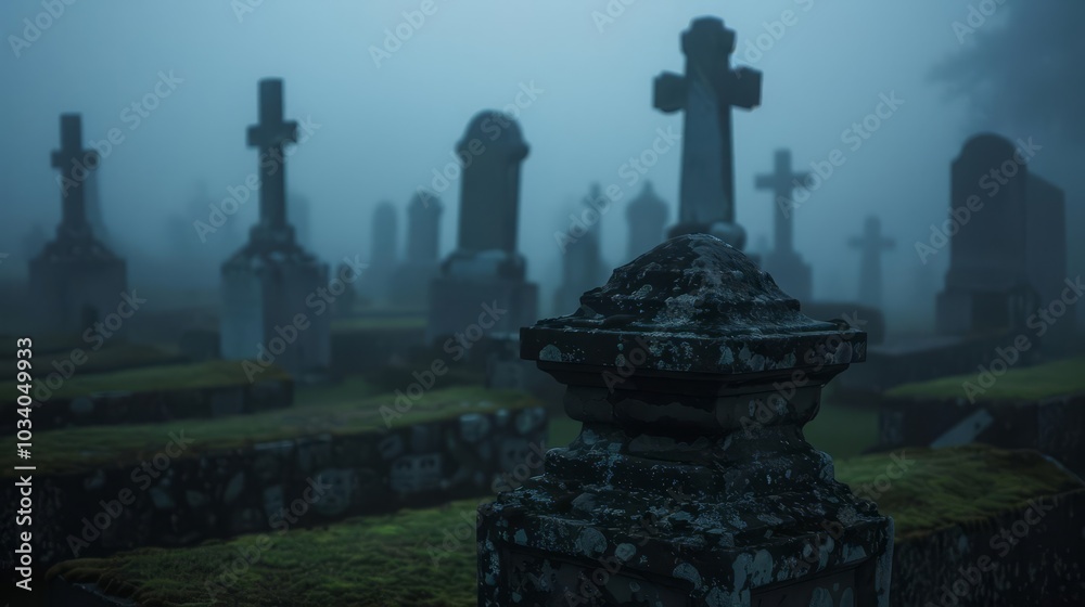 Misty cemetery with stone crosses and tombstones. Misty cemetery with stone crosses and tombstones.