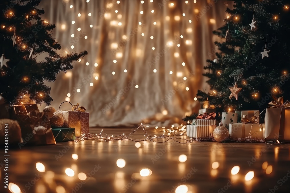 Low-angle Christmas backdrop with stars, presents, golden lights, and boho-draped green trees against a white wooden wall, dark vintage style. Low-angle Christmas backdrop with stars, presents, golden lights, and boho-draped green trees against a white wooden wall, dark vintage style.