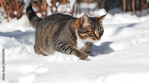 Housecat stalking in the snow during wintertime