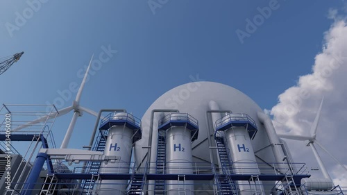 A renewable energy production facility focuses on blue hydrogen energy, utilizing H2 storage tanks. Hydrogen is produced using electricity generated by wind farms. 3d rendering. Time lapse.
