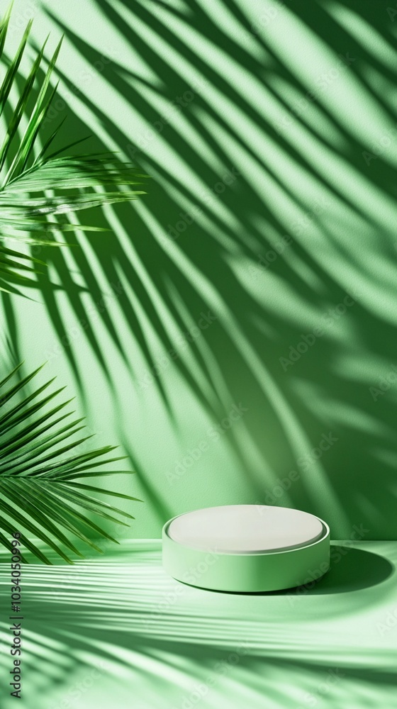 Minimalist green product display with tropical palm leaf shadows casting dramatic patterns on a circular platform, creating a serene and exotic ambiance. Minimalist green product display with tropical palm leaf shadows casting dramatic patterns on a circular platform, creating a serene and exotic ambiance.