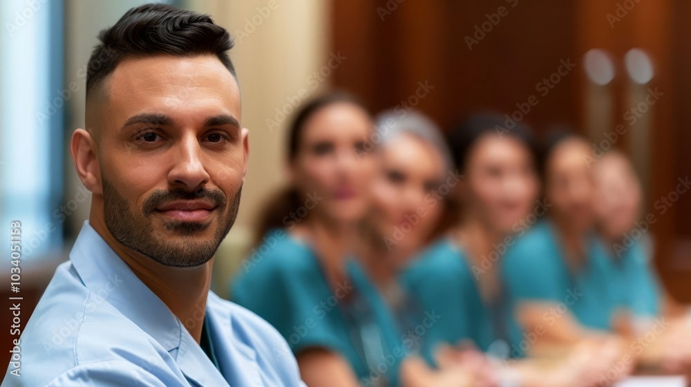 Confident male nurse looks directly at the camera in a meeting with his team. Confident male nurse looks directly at the camera in a meeting with his team.
