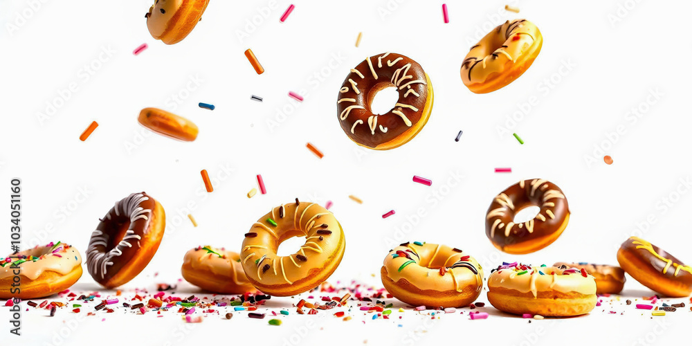Falling decorated donuts against a pure white background, showcasing colorful icing and sprinkles. Ideal for dessert themes, bakery promotions, and sweet treats Falling decorated donuts against a pure white background, showcasing colorful icing and sprinkles. Ideal for dessert themes, bakery promotions, and sweet treats