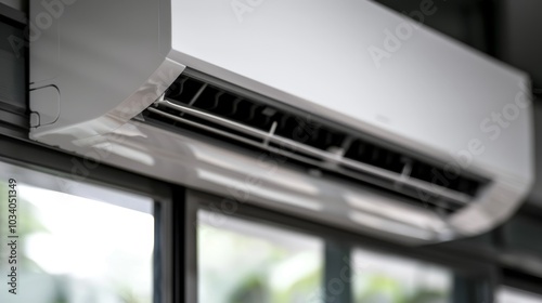 Modern air conditioner unit mounted on a wall, providing cool air indoors.