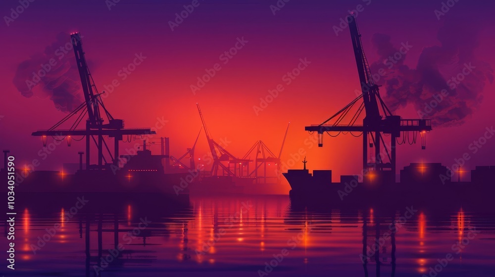 Fototapeta premium Silhouettes of cranes and ships at a busy port at sunset.