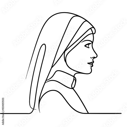 A nun woman with a scarf on her head. The scarf is white and is wrapped around her head