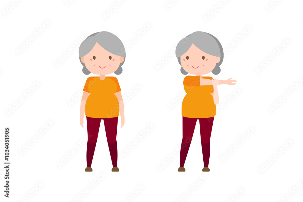 Illustration old woman exercise - Side Arm Stretch with Elbow Hold Illustration old woman exercise - Side Arm Stretch with Elbow Hold
