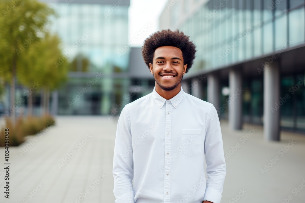 Fototapeta premium Portrait of a joyful afro-american man in his 20s wearing a simple cotton shirt over modern university campus background