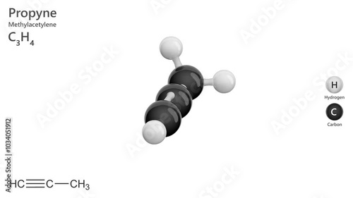 Propyne or methylacetylene, is a flammable gas with a sweet odor. It is an alkyne used in organic synthesis and as a fuel in welding applications. Molecular formula: C3H4. White back. 3D render photo