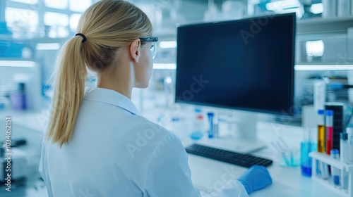 A female scientist in a lab coat works intently at a computer in a modern laboratory, surrounded by various scientific equipment and materials.