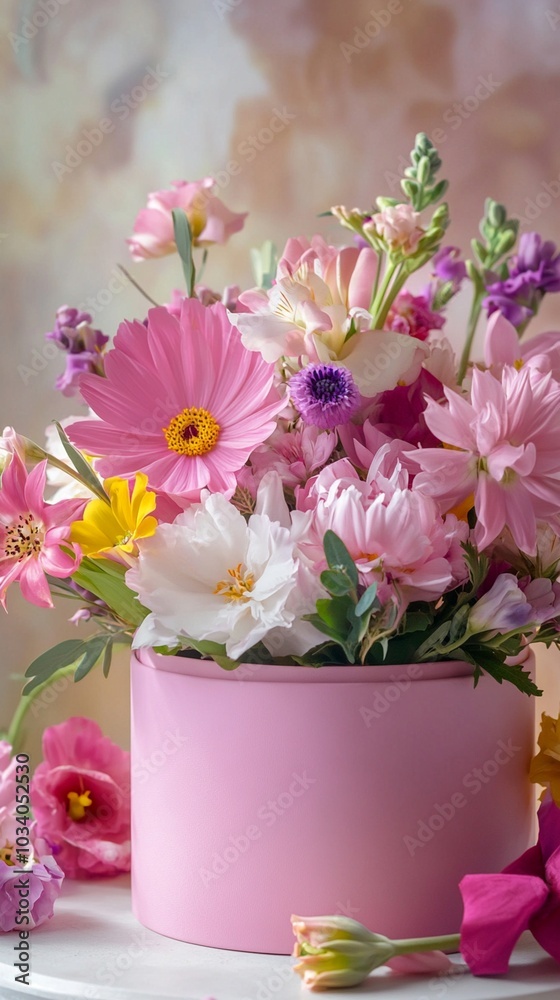 Vibrant spring bouquet bursting with pink cosmos, delicate daisies, and colorful wildflowers arranged in a soft pink cylindrical vase, exuding freshness and charm. Vibrant spring bouquet bursting with pink cosmos, delicate daisies, and colorful wildflowers arranged in a soft pink cylindrical vase, exuding freshness and charm.
