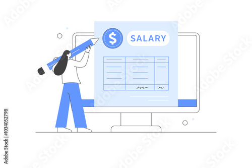 Financial administration set. Character calculating and filling salary payslip and payroll report. Business accounting, organization and audit concept. Vector illustration. Minimalist line, abstract