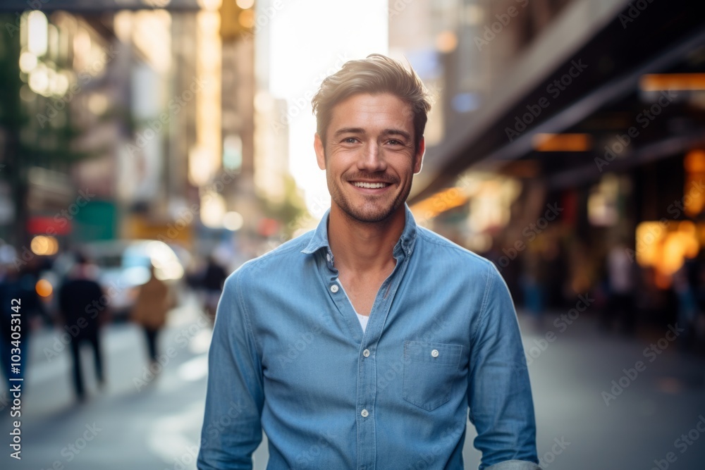 Portrait of a merry man in his 30s sporting a versatile denim shirt while standing against bustling city street background Portrait of a merry man in his 30s sporting a versatile denim shirt while standing against bustling city street background