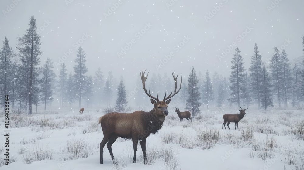 A group of majestic elk stand in a snowy forest. A group of majestic elk stand in a snowy forest.