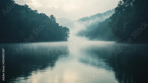 A misty morning on a still lake, the fog swirls and dances between the trees on the banks, creating a peaceful and ethereal atmosphere.