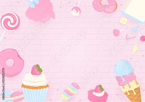 Sweet bakery and candy on brick wall background