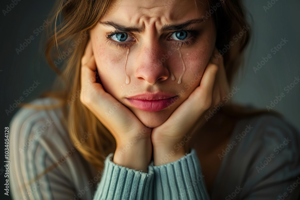 Close-up portrait of a woman crying with tears streaming down her face. Close-up portrait of a woman crying with tears streaming down her face.