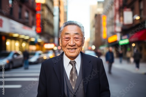 Portrait of a happy asian man in his 80s wearing a professional suit jacket isolated in bustling city street background