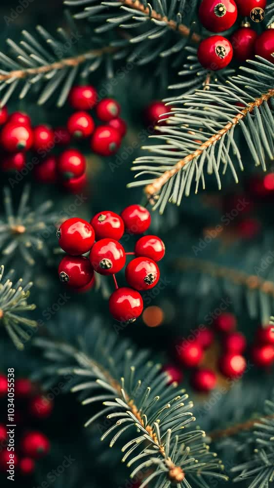 Red berries on pine tree branches add vibrant color to the holiday season, enhancing the festive atmosphere of winter Red berries on pine tree branches add vibrant color to the holiday season, enhancing the festive atmosphere of winter