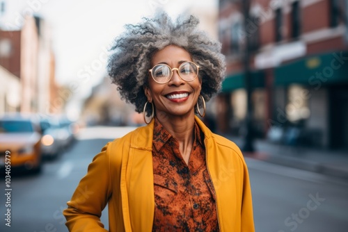 Portrait of a joyful afro-american woman in her 60s wearing a chic cardigan while standing against bustling city street background