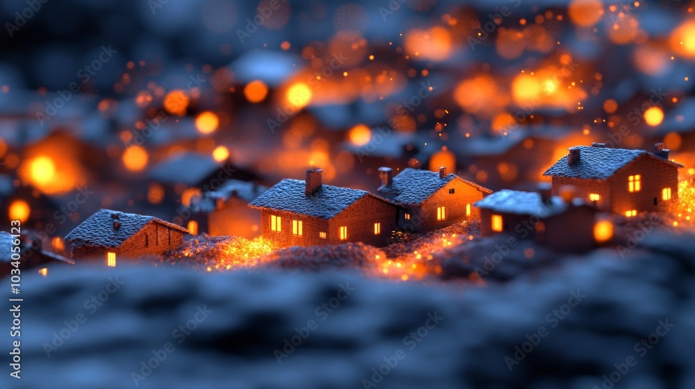 Miniature village with glowing windows at night.