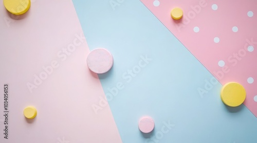 Pastel colored geometric shapes on a background of blue, pink, and white.