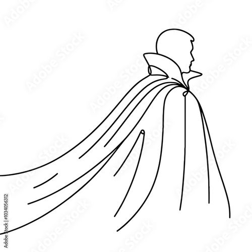 A man in a cape is standing in front of a white background. The cape is long and flowing, and the man is wearing a collar. Concept of mystery and power, as the cape