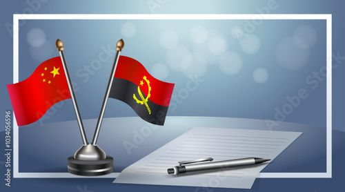 China and Angola Small national flag on bokeh background, cooperative relationship